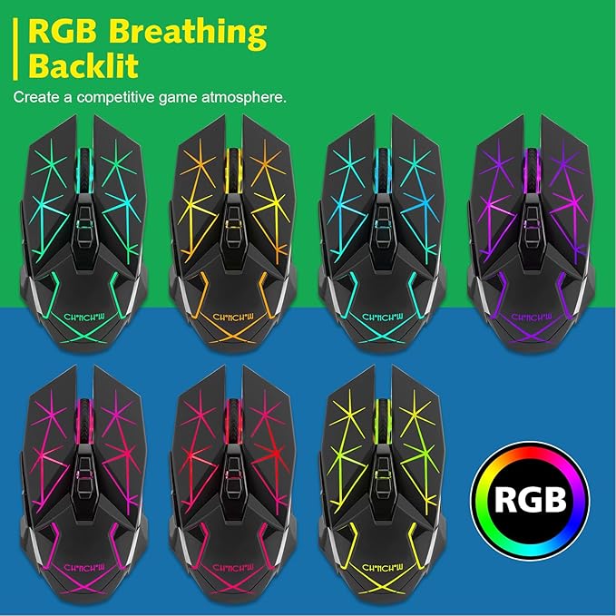 CHONCHOW Rechargeable Wireless Gaming Mouse, 7 Buttons, Up to 3200 DPI, RGB LED, USB-C, Side Buttons, 2.4G, Long Charging Cable,Compatible PC Laptop Win Mac Chromebook, Black