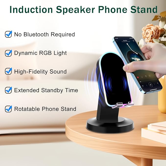 Wireless Induction Speaker with 360° Rotatable Base, Phone Stand with Bluetooth Speaker and RGB Light, Cell Phone Speaker Amplifier for Desk, Kitchen, Unique Tech Gifts for Men and Women (Black)