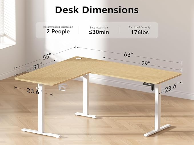 WALKINGDESK 63X55 Inches Reversible L Shaped Standing Desk Height Adjustable with Cup Holder, Electric Corner Computer Desk, Sit Stand up Home Office Desk, Ergonomic Gaming Desk, Oak