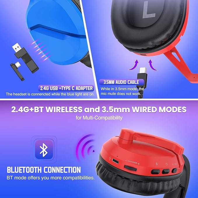 WolfLawS Wireless Gaming Headset with Noise Canceling Microphone for PS5, PC, PS4, 2.4G/Bluetooth Gaming Headphones with USB and Type-c Connector, Wired Mode for Controller - Blue and Red