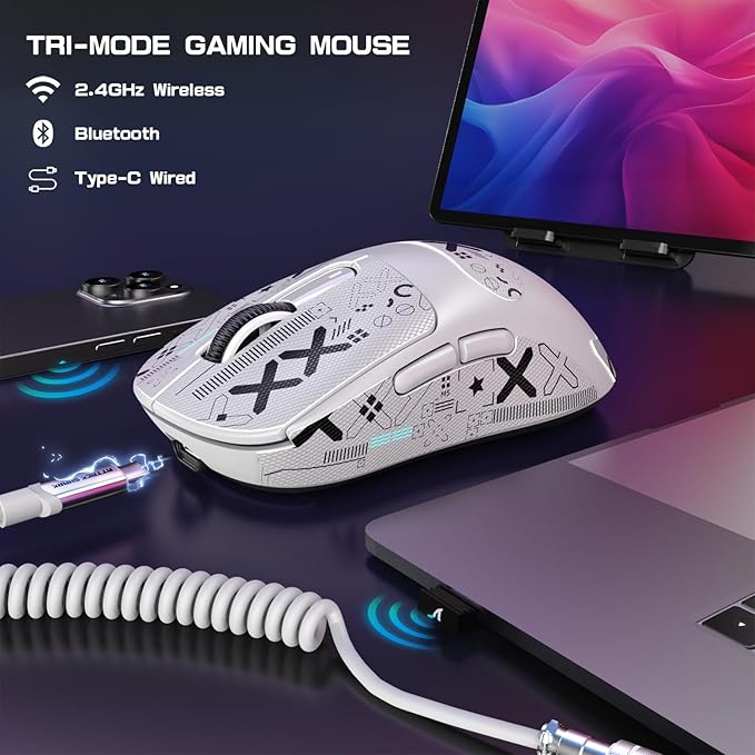 ATTACK SHARK X3MAX Wireless Gaming Mouse,PixArt PAW3950 Gaming Sensor,Up to 42K DPI,100 Million Micro,49g Lightweight Tri-Mode(BT5.2/2.4Ghz/Wired) Mice with Coiled Cable-White&Tape