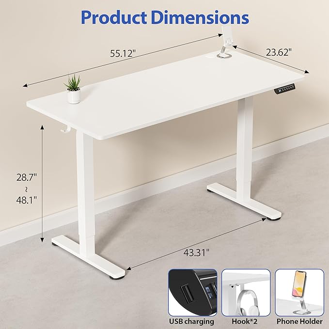 YESHOMY Height Adjustable Electric Standing Desk, 55 x 24 Inches Memory Home Office Sit Stand up Desk with Phone Holder and USB Charging Port, White