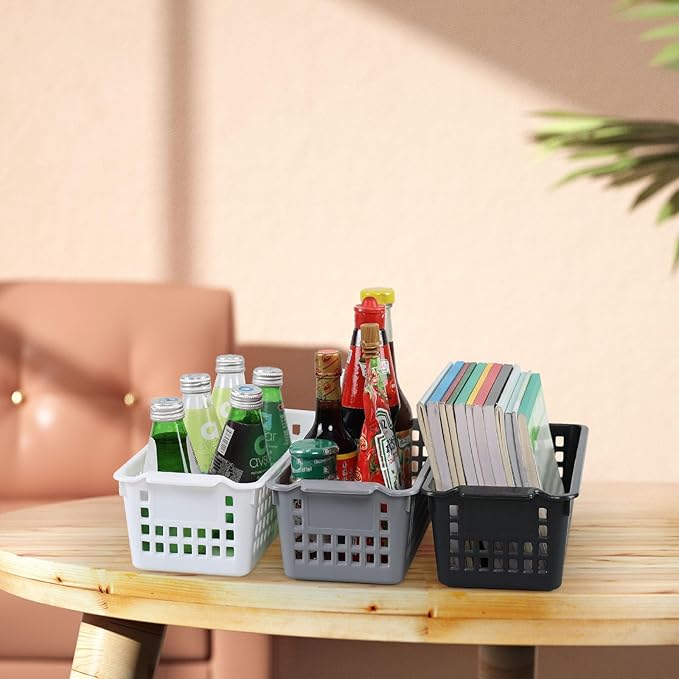 Anbers 4 Pack Slim Storage Baskets for Shelves, Small Plastic Organizing Baskets, White