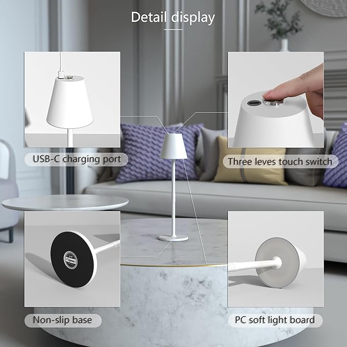 Timjorman Modern LED Cordless Table Lamp, 4000mAh Rechargeable Battery, 3 Level Brightness Night Light, Metal Shell, Minimalist Design, for Couples Dinner/Coffee Table/Restaurant/Bedroom, White