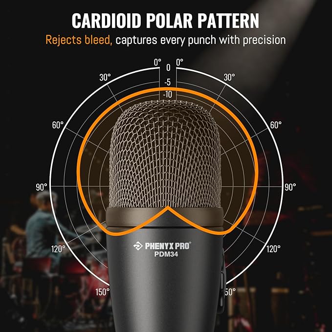 Phenyx Pro PDM34 Snare Drum Mic, Cardioid Dynamic Microphone with Clip-on Microphone Clamp, Integral Stand Mount, and Long-Lasting Metal Housing