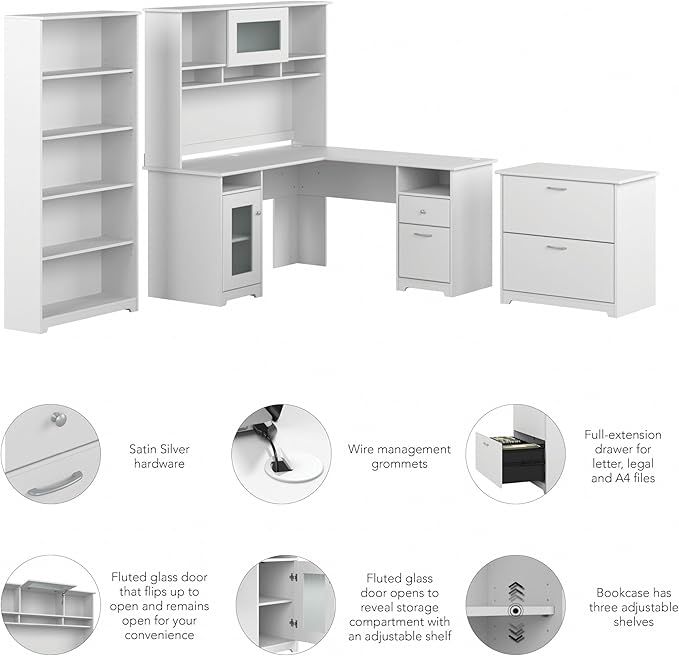 Bush Furniture L Shaped Desk with Hutch, 5 Shelf Bookcase and Lateral File Cabinet | Cabot Collection Corner Computer Table with Storage and Bookshelf | 60Wx23DX37W