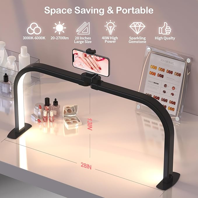 Upgrade Large Half Moon Light for Nail Desk with Phone Holder for Nail Lamp, Foldable Arch Moon Light Tech Perfect for Professional Manicure (Black, Large)