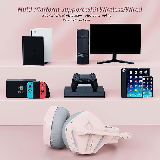 BINNUNE 2.4GHz Wireless Gaming Headset, Bluetooth 5.3 Gaming Headphones with Noise Canceling Mic, 120H Ultra-Long Battery, 50mm Drivers, Multi-Platform for PC / PS5 /PS4/ Switch/Mobile, Pink