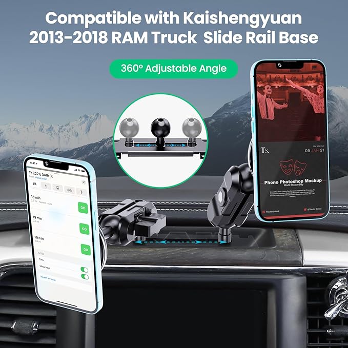 Kaishengyuan Dash Mount Wireless Charger Magnetic Holder with Metal Double Socket Arm & 360° Rotating Extension Mounting Arm & 0.98” Ballhead Compatible with All Smartphones