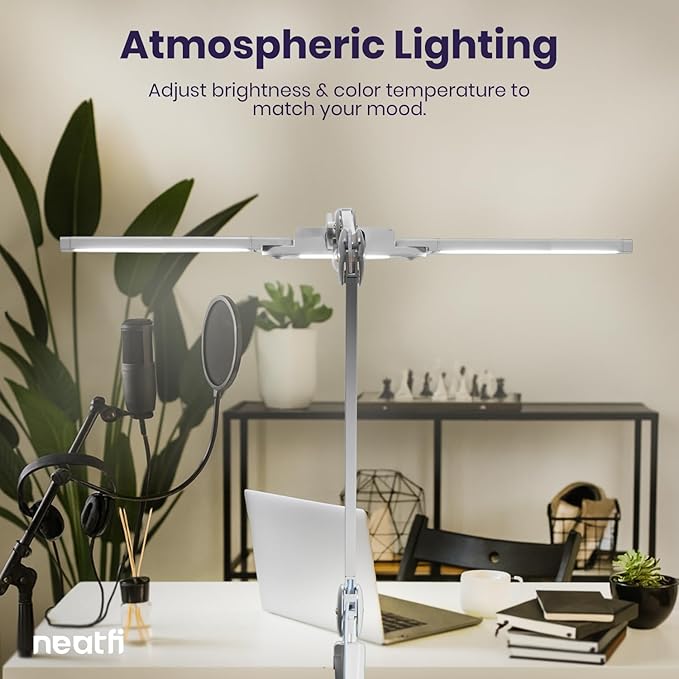Neatfi LED Desk Lamp | 3,000 Lumens | Dimmable 30W Desk Light | 360 SMD LEDs | CRI 95 | Adjustable Color Temperature | Task Lamp for Home, Office, or Workbench (Silver, 41-Inch, CCT with Clamp)