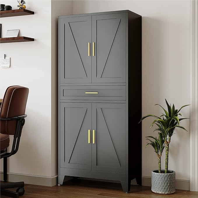 Washsemba 71 "Farmhouse Metal Filing Cabinet with a Drawer and 4 Adjustable Shelves, with 4 Large barn Door Black Kitchen Cabinets, Metal Food Cabinets for Home, Kitchen, Dining/Living Room (Black)