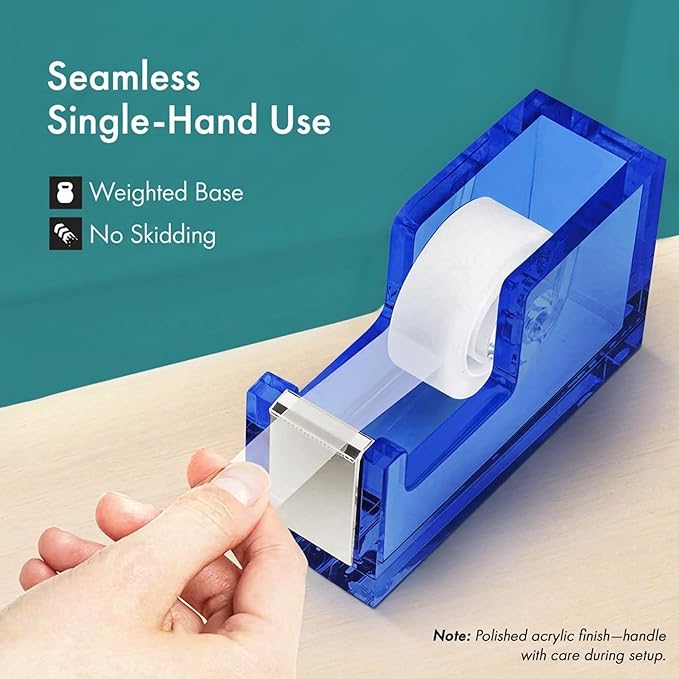 OfficeGoods Acrylic Tape Dispenser – Modern Desk Organizer for Office Supplies, Heavy Duty Refillable Tape Holder for Home and School Crafting, Stylish Desktop Accessory for Gift Wrapping, Blue