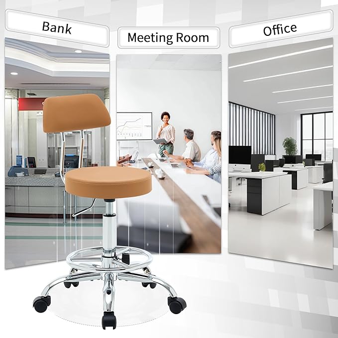 FIRAVOE Ergonomic Desk Stool(Sturdy Rolling Stool with Back)(Swivel Armless Office Chair 19.5"-26.6") Adjustable Footrest Salon Chair (Camel Brown)