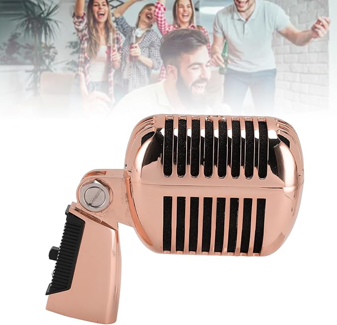 Classic Retro Microphone, Vintage Dynamic Microphone, Zinc Alloy Self Tensioning Rotating Rack, Unidirectional Cardioid Mic, Universal Stand Compatible (Rose Gold)