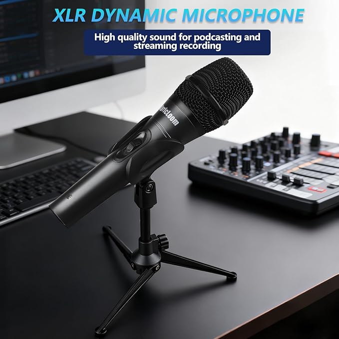 LyricLoom Professional XLR Microphone Wired with Stand, Metal Vocal Dynamic Microphone with Two Cable(16.4 XLR Male to Female & 6.35mm), Corded Microphone for Karaoke, Speaker, Singing, Recording