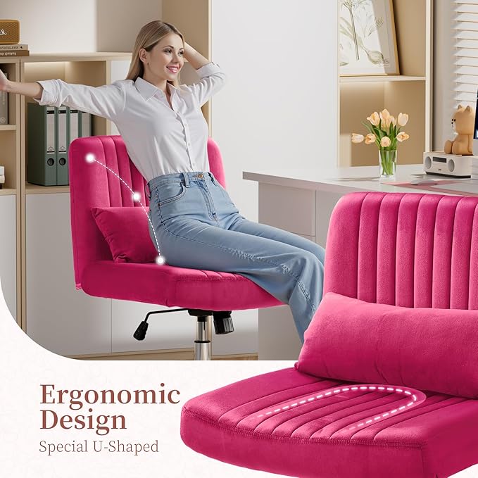 Warmiehomy Criss Cross Office Chair with Wheels, Velvet Cross Legged Desk Chairs for Home, Height Adjustable Swivel Wide Seat Computer Chair, Modern Vanity Chair for Women, Barbie Pink