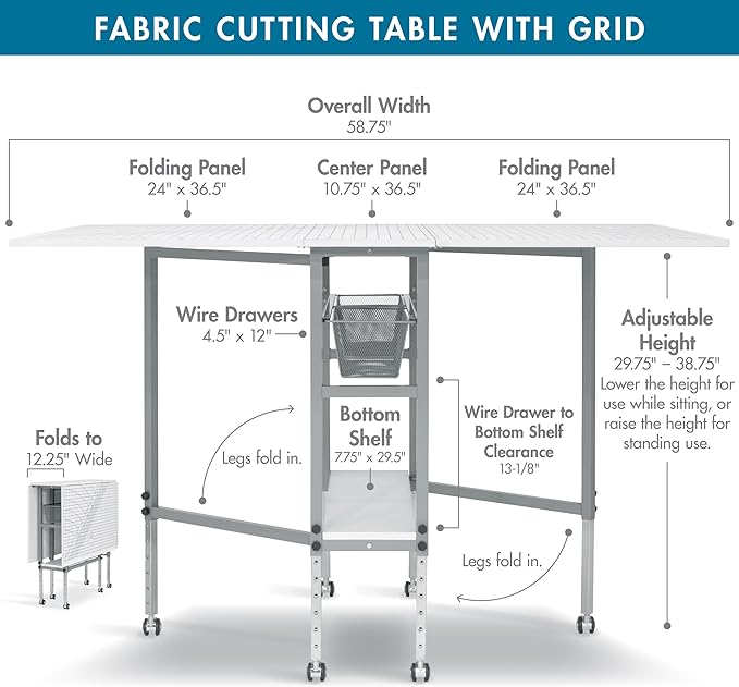Sew Ready Foldable Hobby and Cutting Grid Table - 58.75" W x 36.5" D White Arts and Crafts Table with Grid Top and Silver Storage Drawers