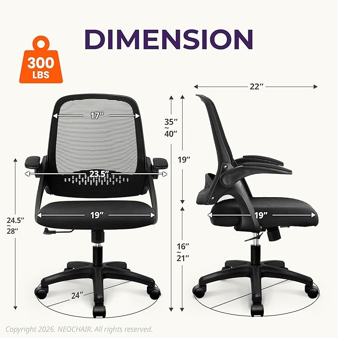 NEO Chair Office Desk Chair Computer Gaming Ergonomic Lumbar Back Support with Flip-up Padded Armrest Adjustable Height and Wheels for Home Vanity Bedroom Study (All Black)