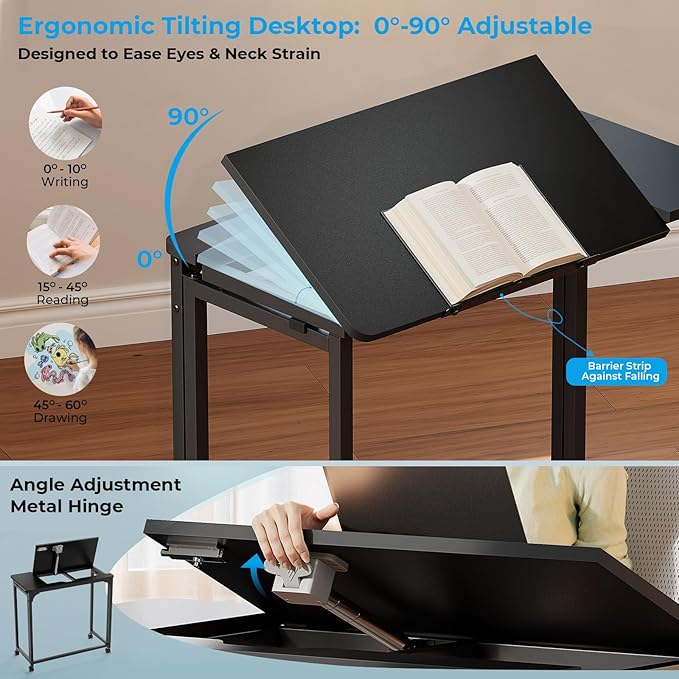 GreenForest Folding Desk with Wheels, 31.5 Inch Adjustable Tilt Drafting Table, Portable Rolling Foldable Desk for Small Space, Home Office, Drawing & Craft Workstation, Black