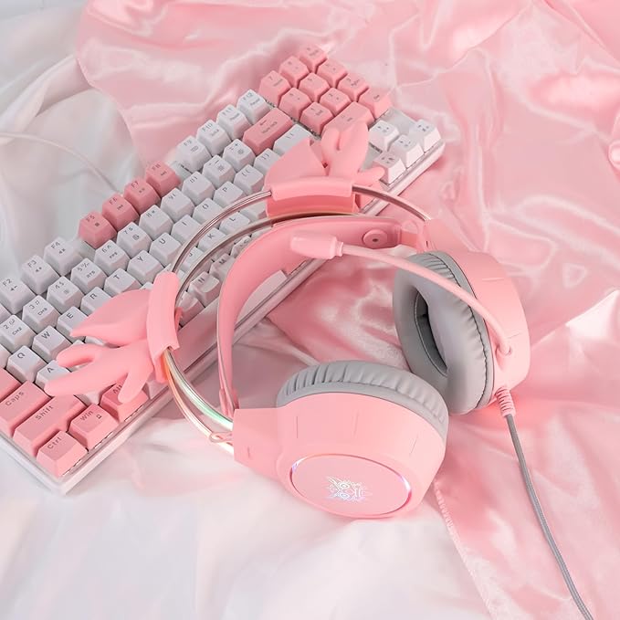 Lightweight Gaming Headset with Detachable Deer Ears, RGB Lighting, Wired Over Ear Headphones with Mic for PC, PS4, PS5, Xbox, Switch, Stereo Surround Sound, Self-Adjusting Headband