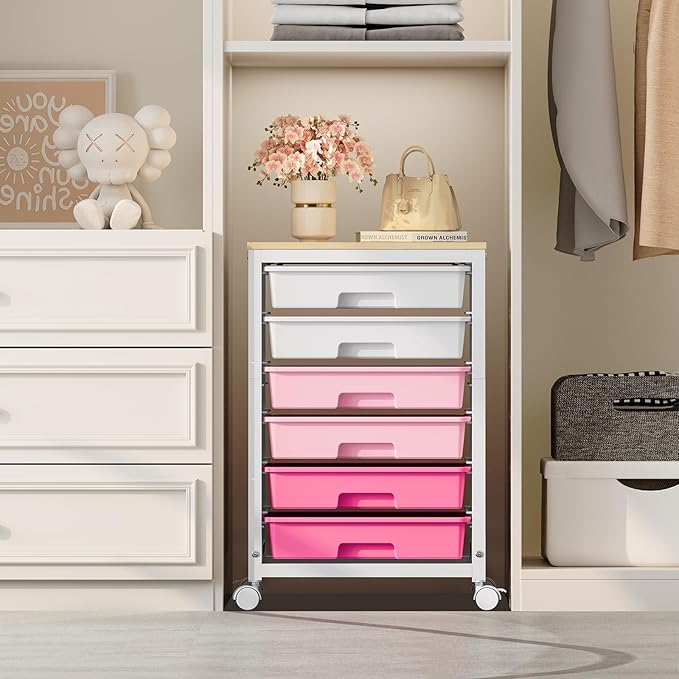 SYKIARIOL Rolling Cart with Drawers,Utility Cart with 6 Drawers,Rolling Storage Cart with Drawers and Wooden Tabletop & Lockable Wheel,Pink