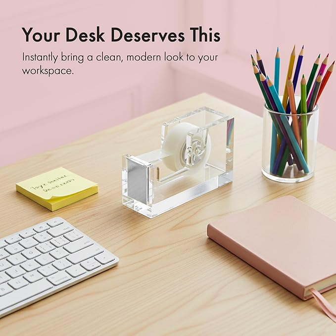 OfficeGoods Acrylic Tape Dispenser – Modern Desk Organizer for Office Supplies, Heavy Duty Refillable Tape Holder for Home and School Crafting, Stylish Desktop Accessory for Gift Wrapping, Silver