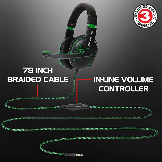 ENHANCE GX-H5 School Headset with Microphone — Perfect for Remote Learning, Study Sessions, and in-Class Listening — Volume Control, USB + 3.5mm, Comfortable Over-Ear Noise-Isolating Design (Green)