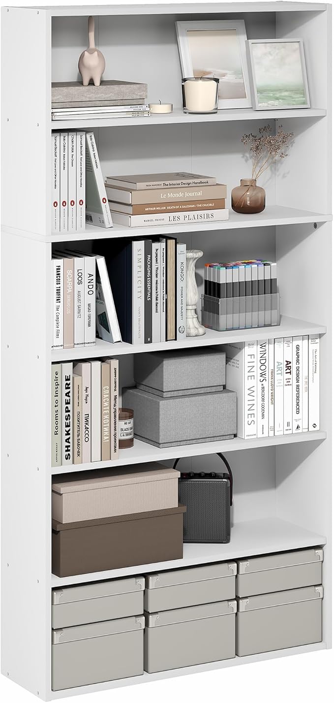 Furinno PASIR Book Shelf, 6-Tier Bookshelf with Open Storage Shelf, Standing Bookcase, 9.4 x 31.5 x 63, Easy Assembly, for Home Office, Bedroom, Living Room, White