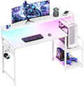 AODK Gaming Desk, 48 Inch Computer Desk with Led Lights, Office Desk with PC Tower Stand, Reversible Desk with Monitor Shelf & Headphone Hook, White
