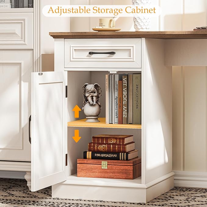 Farmhouse 59" L-Shaped Executive Desk with Drawers, Wood Home Office Corner Desk with Charging Station, File Drawer, Storage Cabinet, Rustic Computer Writing Desk for Home Office (Unique White)