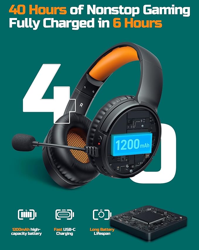BINNUNE Wireless Gaming Headset — 2.4GHz Low-Latency USB Dongle + Bluetooth, 50mm Drivers 7.1 Surround, Noise-Cancelling Mic, 40H Battery — Over Ear Wireless Headphones for PS5, PC, Laptop, Orange