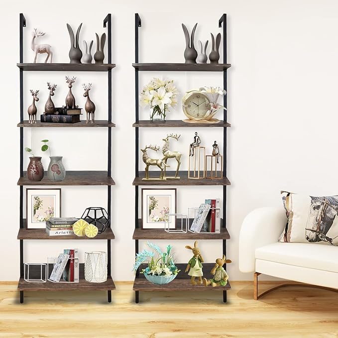 Wolawu 5 Tiers Ladder Shelf Brown Modern Bookshelf Open Tall Wall Mount Bookcase Standing Leaning Wall Shelves Industrial Decorative Living Room Bed Room