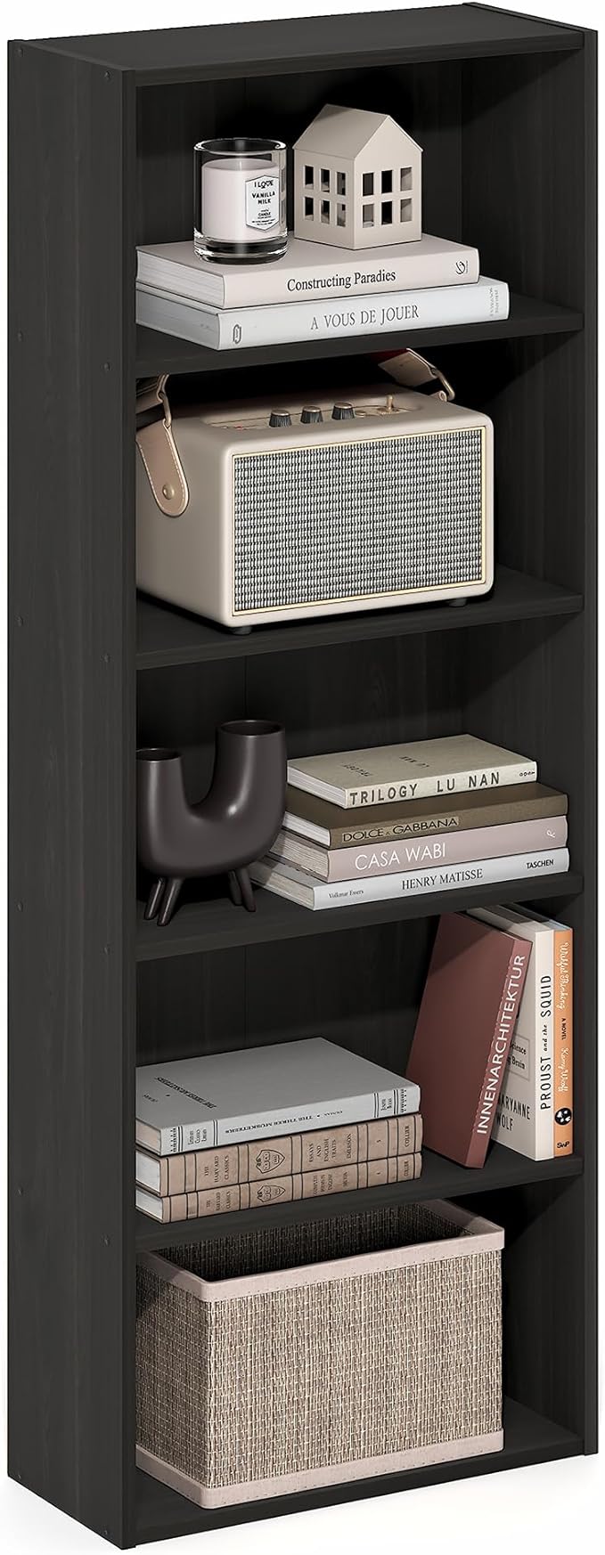 Furinno Basic Book Shelf, 5-Tier Bookshelf, Storage Organizer Bookcase with Open Shelf, 7 x 17 x 44, for Living Room, Bedroom, Home Office, Espresso