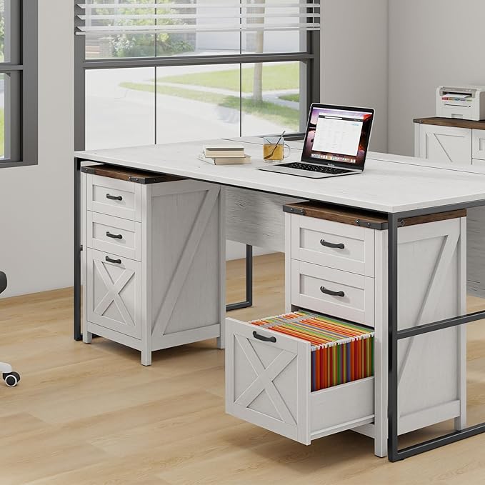 Vabches Vertical File Cabinet with 3 Drawers, Wooden Farmhouse Filing Cabinet for Letter/A4 Size Hanging Files, Under Desk Printer Stand with Storage for Home Office, Rustic White