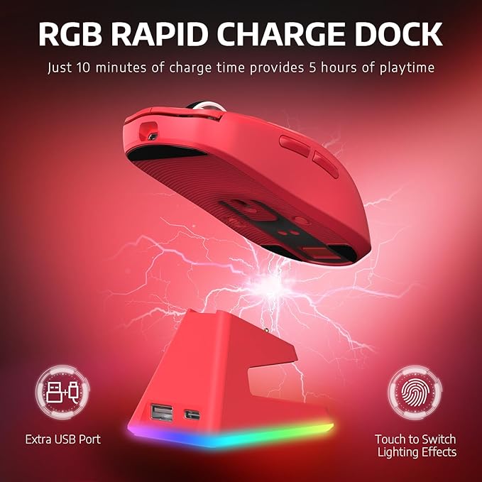Attack Shark X6 49g Superlight Wireless Gaming Mouse with Magnetic RGB Charging Base, Ultralight Mice PixArt PAW3395 Sensor, 26000DPI, BT/2.4G Wireless/Wired Mouse, 200Hrs Battery for Win/Mac (Red)