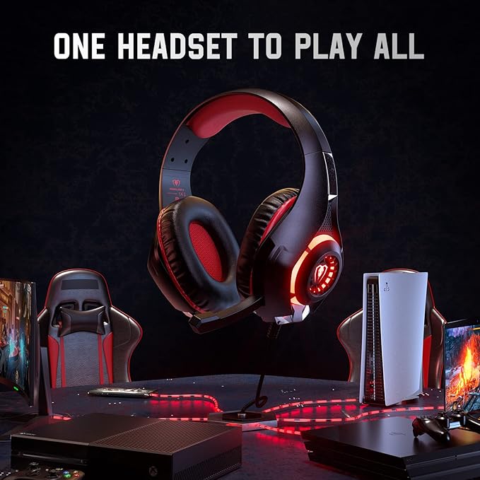 Tatybo Gaming Headset for Ps4 Ps5 Xbox One Switch PC with Noise Canceling Mic, Deep Bass Stereo Sound (Black Red)