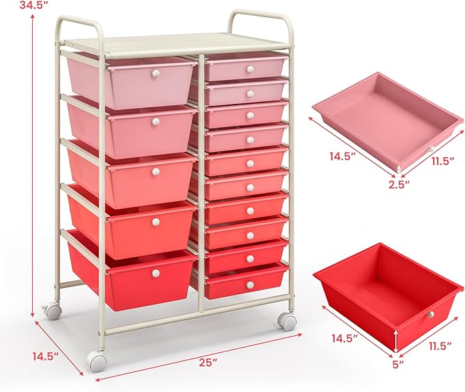 Moccha 15-Drawer Rolling Storage Cart - Under Desk Storage Drawers with wheels for Craft Art Supply Paper Salon, Scrapbook Paper Tools, Mobile Utility Cart for Classroom (15 Drawers, Gradient Pink)