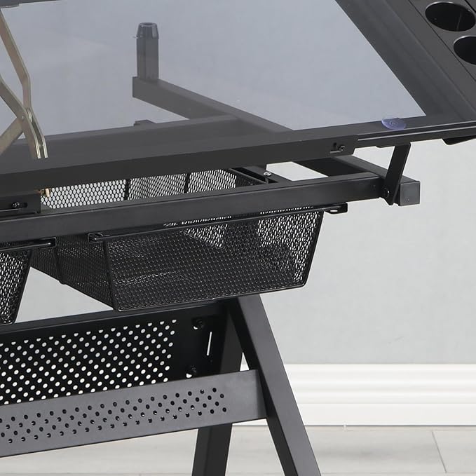 Adjustable Height Drafting Table with Storage Drawers & Stool for Adults, Glass Art Desk with Side Storage Strips, Drawing Table with Tilted Tabletop for Art Office Study (Black+Glass A)