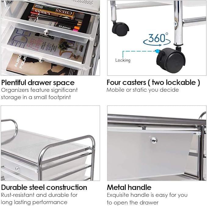 Moccha 15-Drawer Rolling Storage Cart - Under Desk Storage Drawers with wheels for Craft Art Supply Paper Salon, Scrapbook Paper Tools, Mobile Utility Cart for Classroom (15 Drawers, Clear)