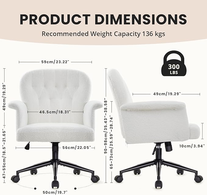 IWMH Home Office Desk Chair, Teddy Fabric Cozy Desk Chair with Wheels and Arms, Modern Upholstered High Back Wide Seat Vanity Chair for Bedroom Living Room Makeup (White)