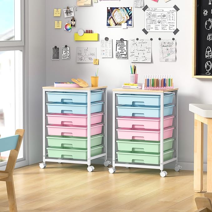 SYKIARIOL Rolling Cart with Drawers,Utility Cart with 6 Drawers,Rolling Storage Cart with Drawers and Wooden Tabletop & Lockable Wheel,Colorful