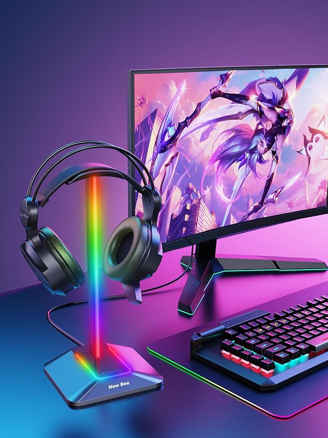 New bee RGB Headphone Stand Desk Gaming Headset Holder with 7 Light Modes and Non-Slip Rubber Base Suitable for All Earphone Accessories(Black)