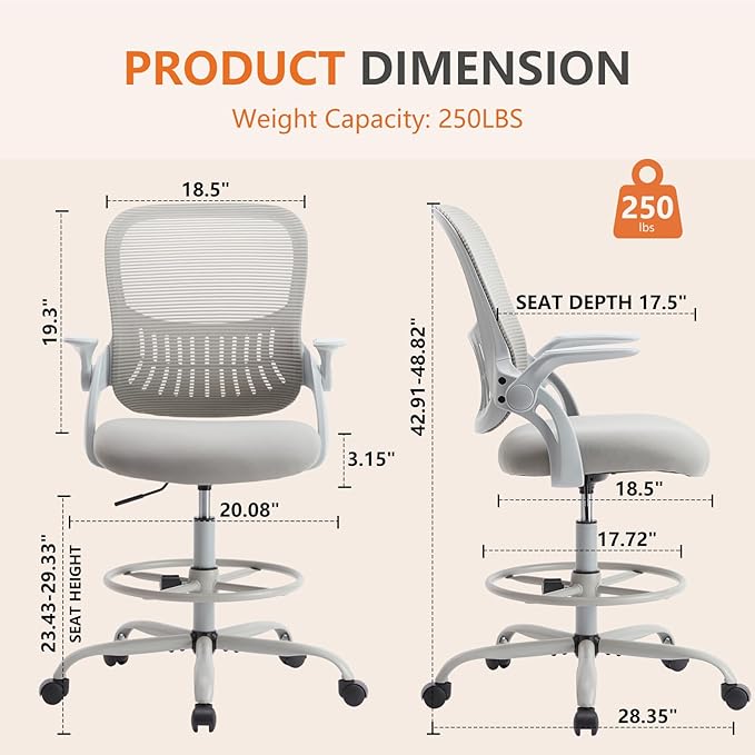 Sweetcrispy Tall Drafting Office Desk Chair - Ergonomic High Stool Computer Chair with Adjustable Height and Comfy Lumbar Support, Rolling Counter Height Chairwith Flip-up Arm and Footrest, Grey