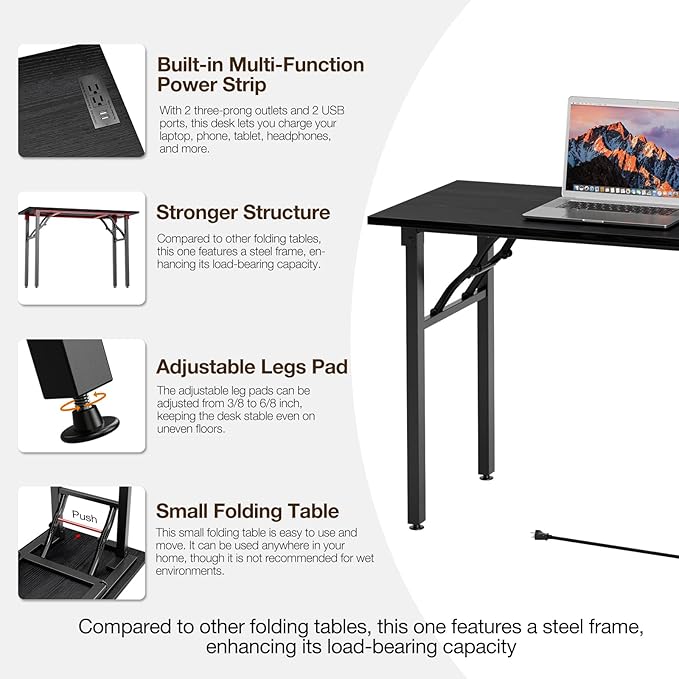 TEMI Foldable Desk with Power Outlets & USB – Dark Oak (44.3")