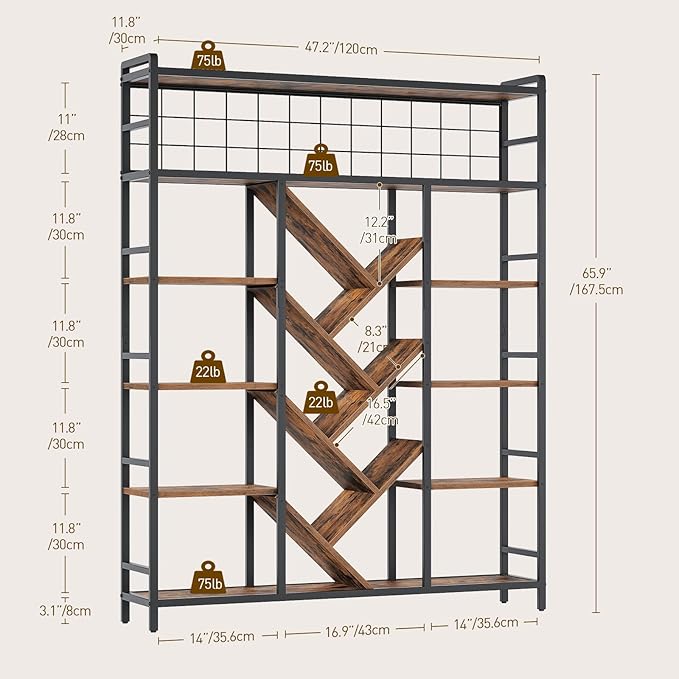 RALGEND Triple 6-Tier Bookshelf, Industrial Large Bookcase with 18 Open Display Shelves, Modern Tree Bookcase with Metal Frame and Hanging Function for Living Room, Home Office, Rustic Brown and Black