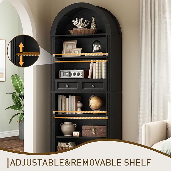 RALGEND Arched Bookshelf Set of 2, 73" Tall Arch Bookcase with Drawer, 6-Tier Farmhouse Book Shelf, Wooden Bookshelf with Open Display Shelves for Living Room, Office, Adjustable Shelves, Black
