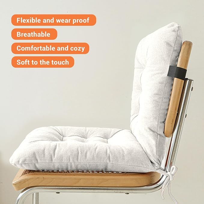 Seat Cushion with Back Support, 31.5 Inch Chenille and PP Cotton Integrated Chair Pad with Fixed Strap for Office Desk and Dining Chairs (White)