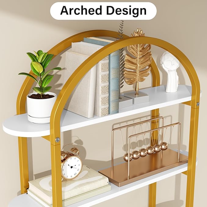Jehiatek Arched Bookshelf Bookcase, 71 Inches Tall Industrial Book Shelf with Sturdy Metal Frame, E1 Quality Boards, Freestanding Display Shelving Unit, Gold