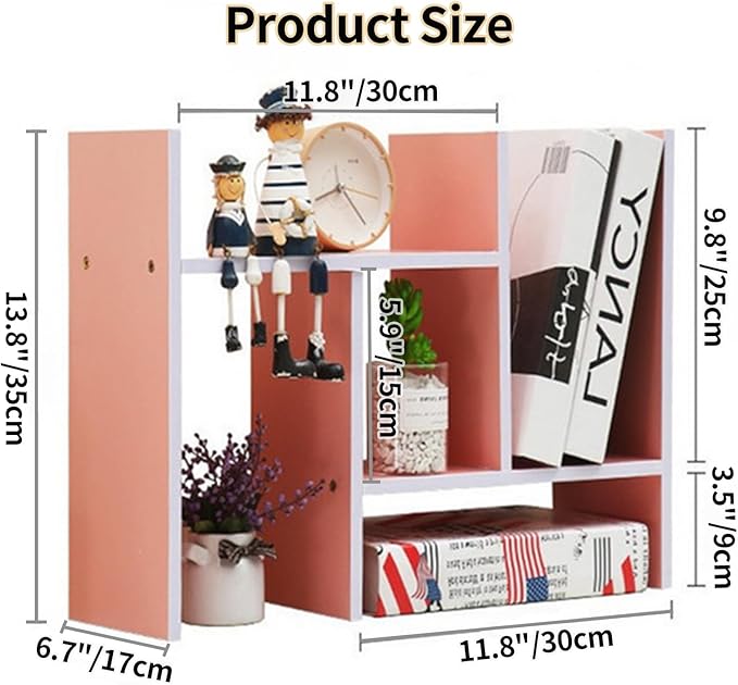 Desktop Shelf Organizer, Adjustable Wood Office Storage Rack, Counter Display Small Bookshelf for Home/Office/School(Pink)