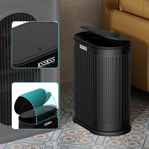 KSSKSS 1.8 Gallons Small Stainless Steel Trash Can with Press Type Lid, Slim Bathroom Garbage Bin, Removable Liner Bucket, Dog Proof Narrow Wastebasket with Pop-Up Lid for Bedroom,Toilet (Matt Black)
